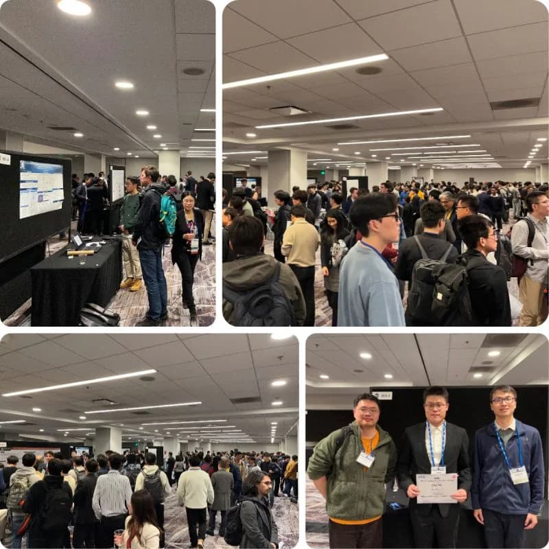 Collage of the ISSCC 2024 demonstration and poster area, the crowd around it, and attendees holding a certificate