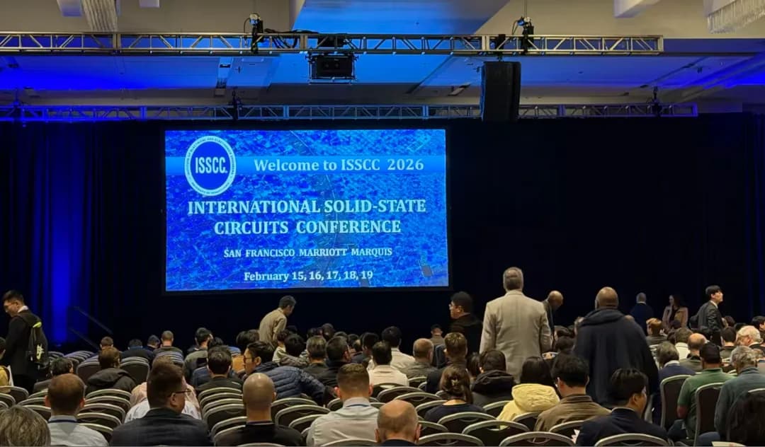 Welcome screen for ISSCC 2026 in the main conference hall at the San Francisco Marriott Marquis